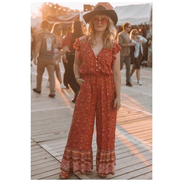 NWT Spell Dahlia Jumpsuit Wide Leg Red Floral Boho Festival Retro embroidered - Picture 3 of 16